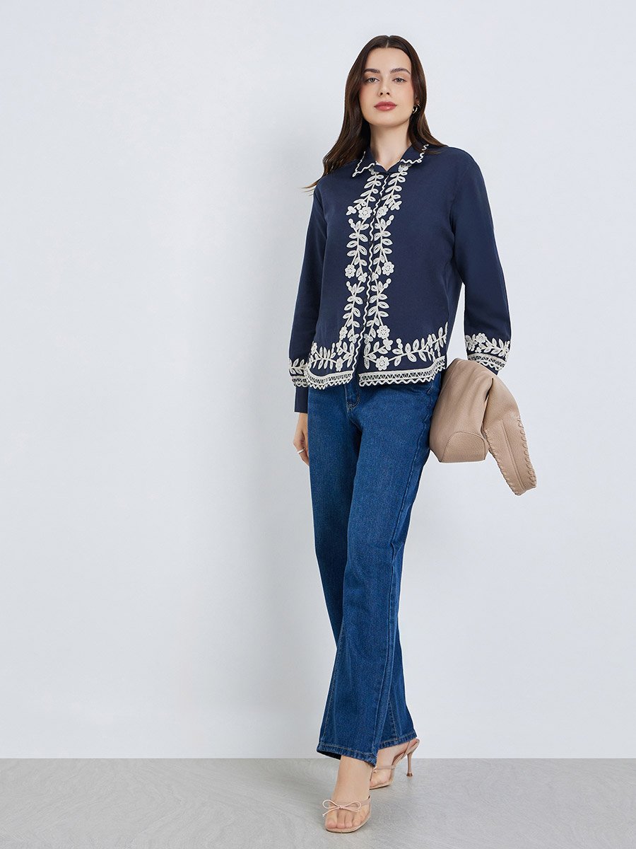 Women Blue Embroidered Long Sleeve Shirt