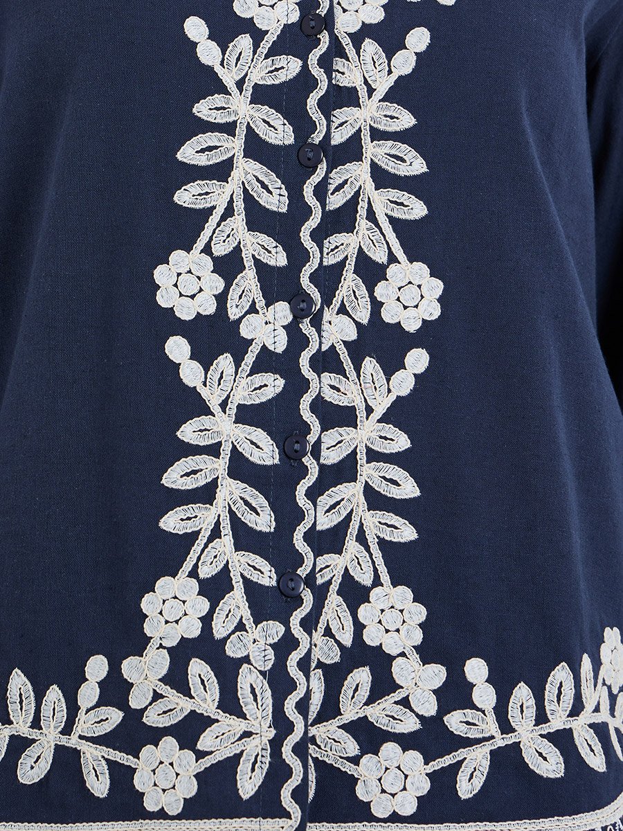 Women Blue Embroidered Long Sleeve Shirt
