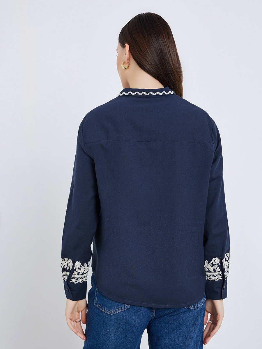 Women Blue Embroidered Long Sleeve Shirt
