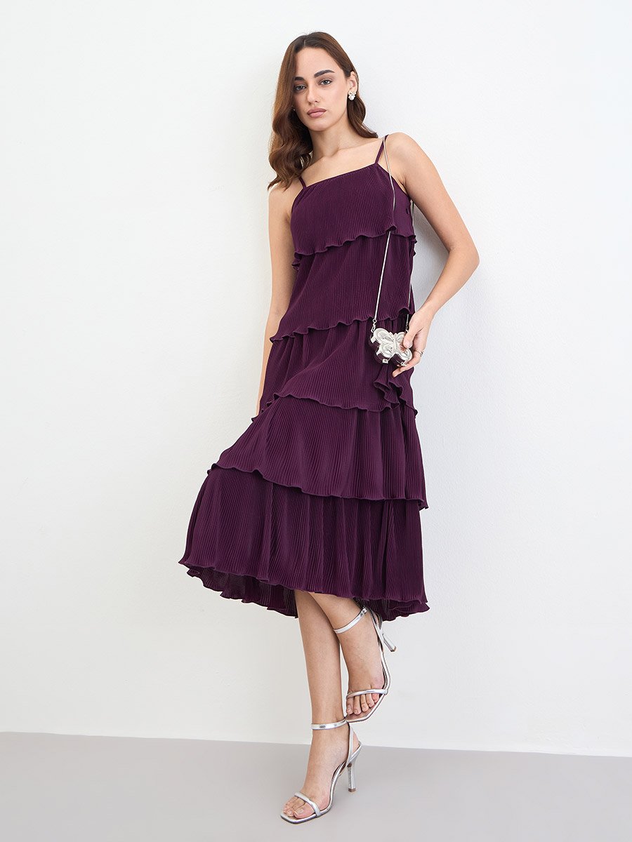 Burgundy Sleeveless Tiered Midi Dress
