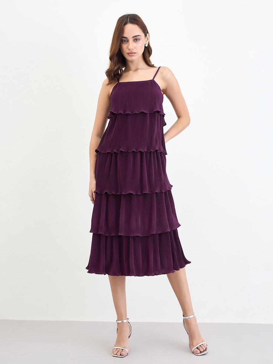 Burgundy Sleeveless Tiered Midi Dress