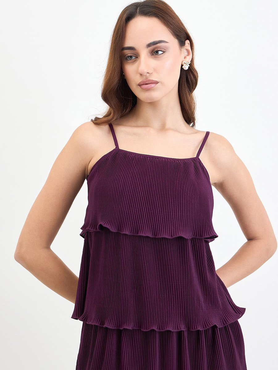 Burgundy Sleeveless Tiered Midi Dress