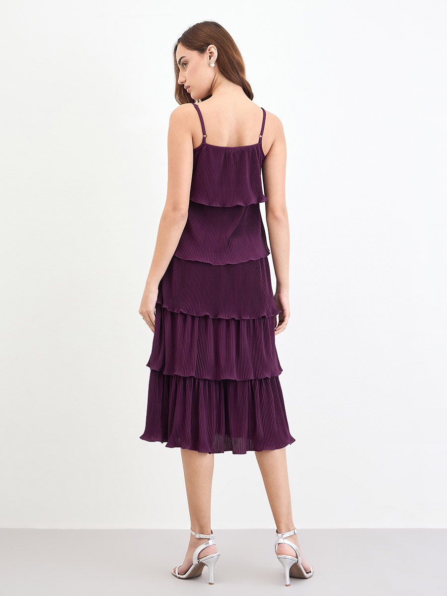 Burgundy Sleeveless Tiered Midi Dress