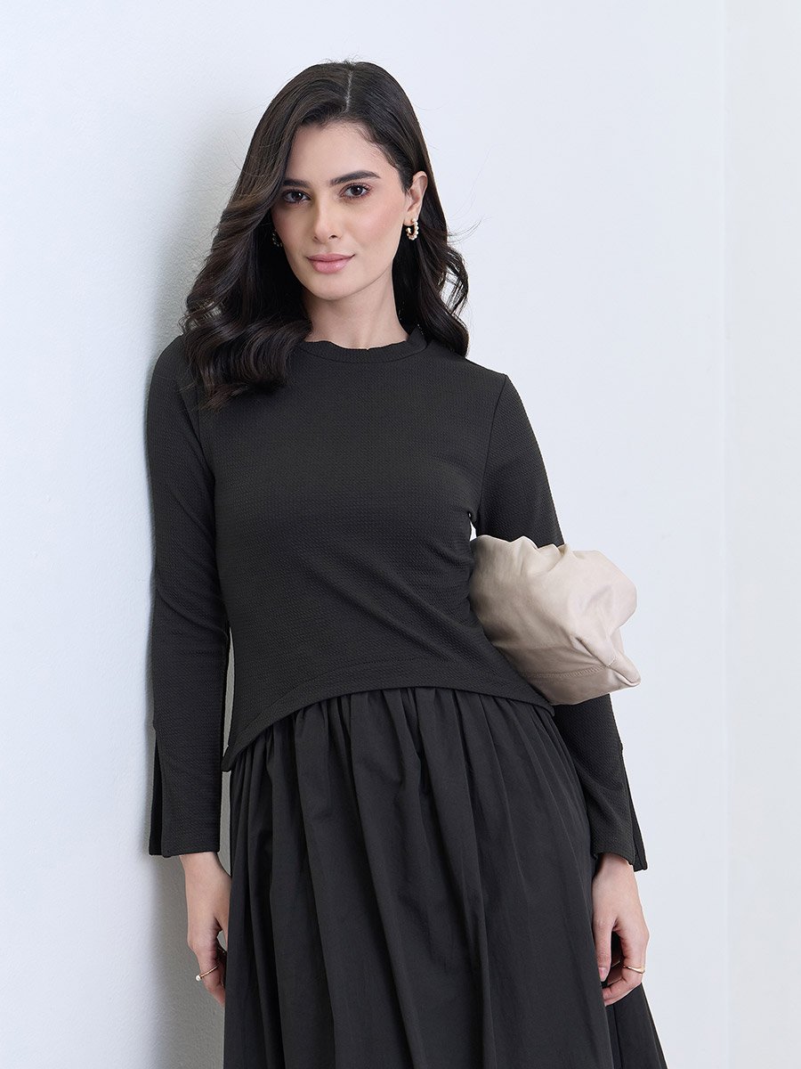 Women Black Long Sleeves A-Line Midi Dress