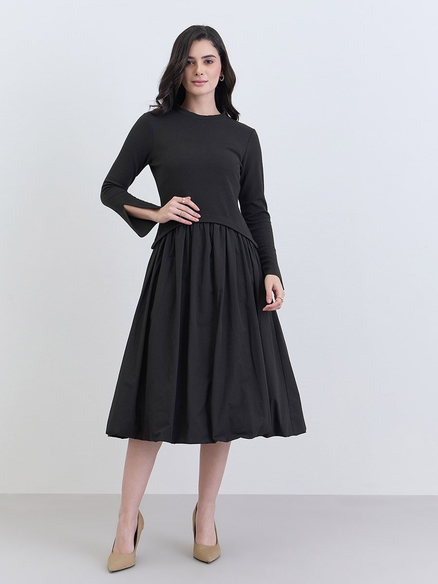 Women Black Long Sleeves A-Line Midi Dress
