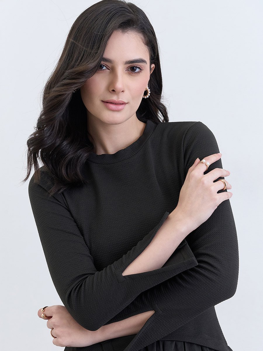 Women Black Long Sleeves A-Line Midi Dress