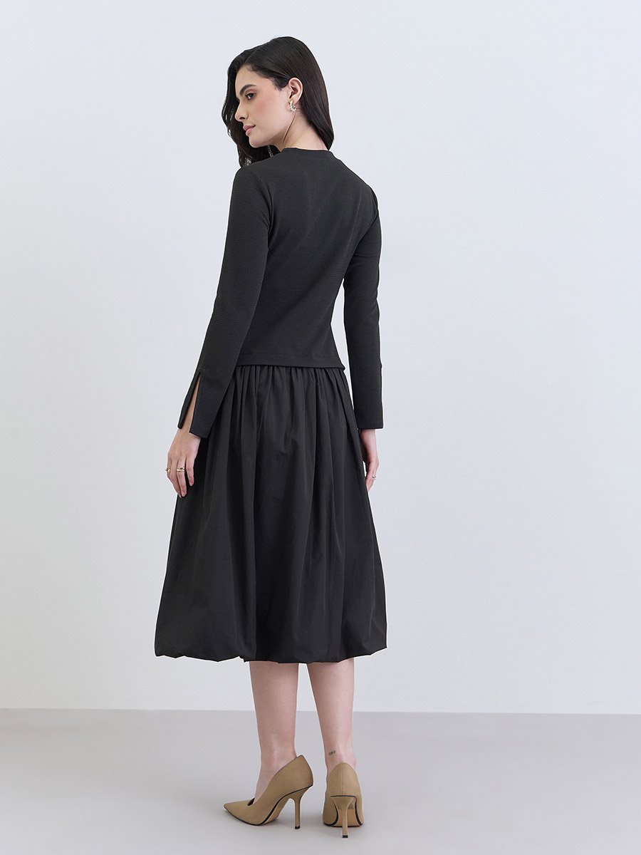 Women Black Long Sleeves A-Line Midi Dress