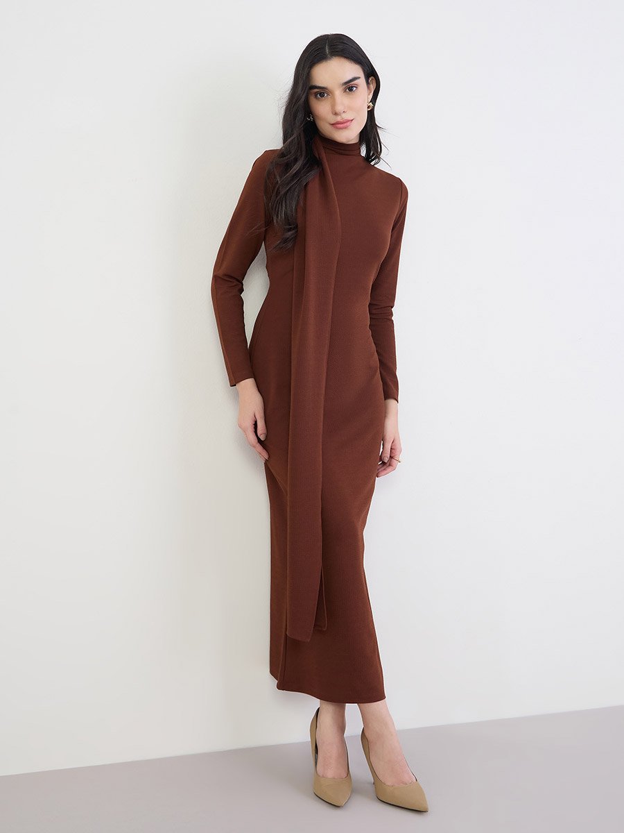 Brown Draped Long Sleeve Maxi Dress
