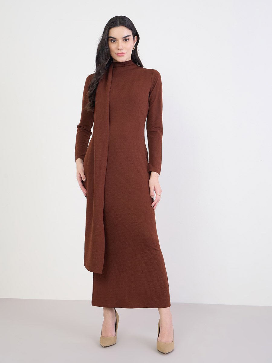 Brown Draped Long Sleeve Maxi Dress