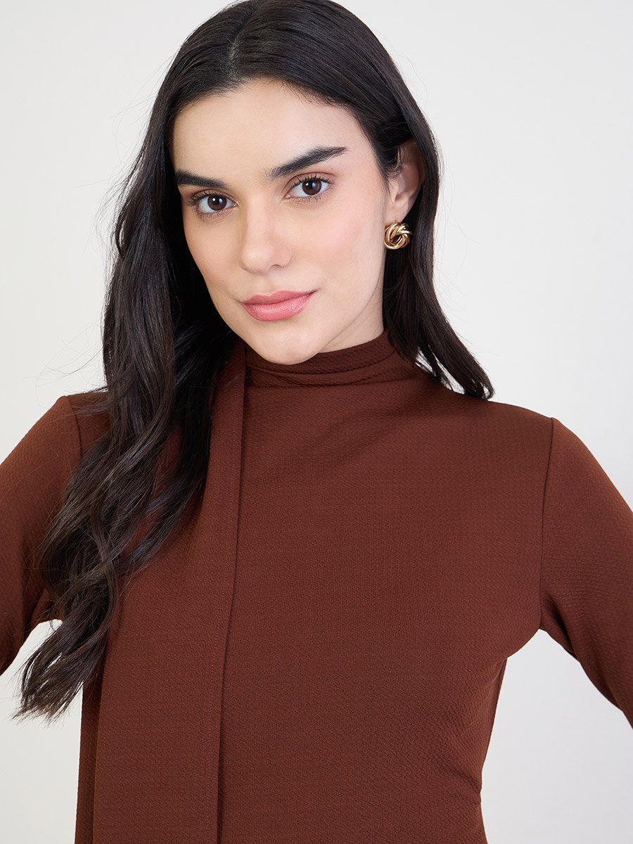 Brown Draped Long Sleeve Maxi Dress