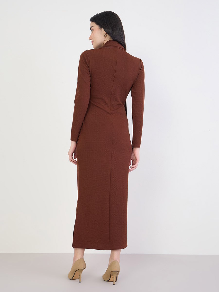 Brown Draped Long Sleeve Maxi Dress