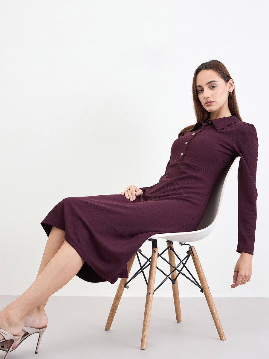 Women Burgundy Polo Neck A-Line Midi Dress