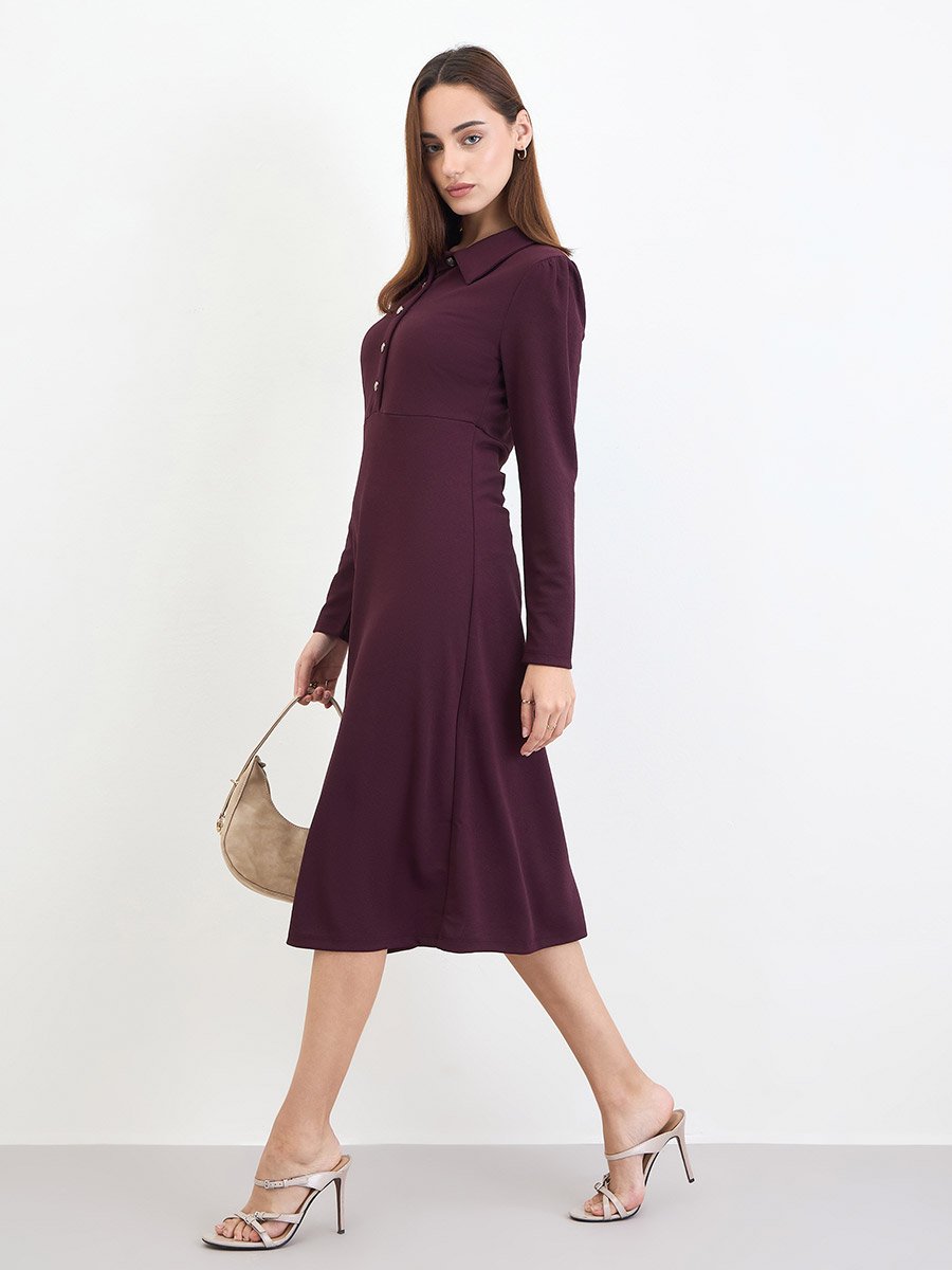 Women Burgundy Polo Neck A-Line Midi Dress
