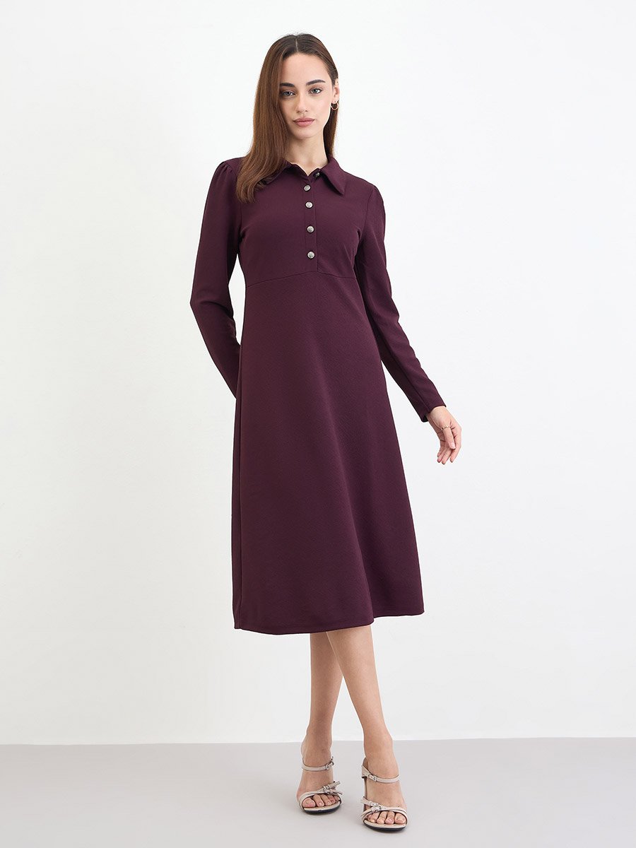 Women Burgundy Polo Neck A-Line Midi Dress