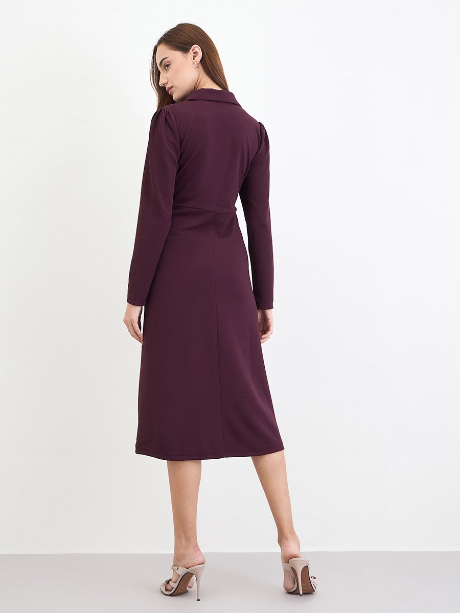 Women Burgundy Polo Neck A-Line Midi Dress