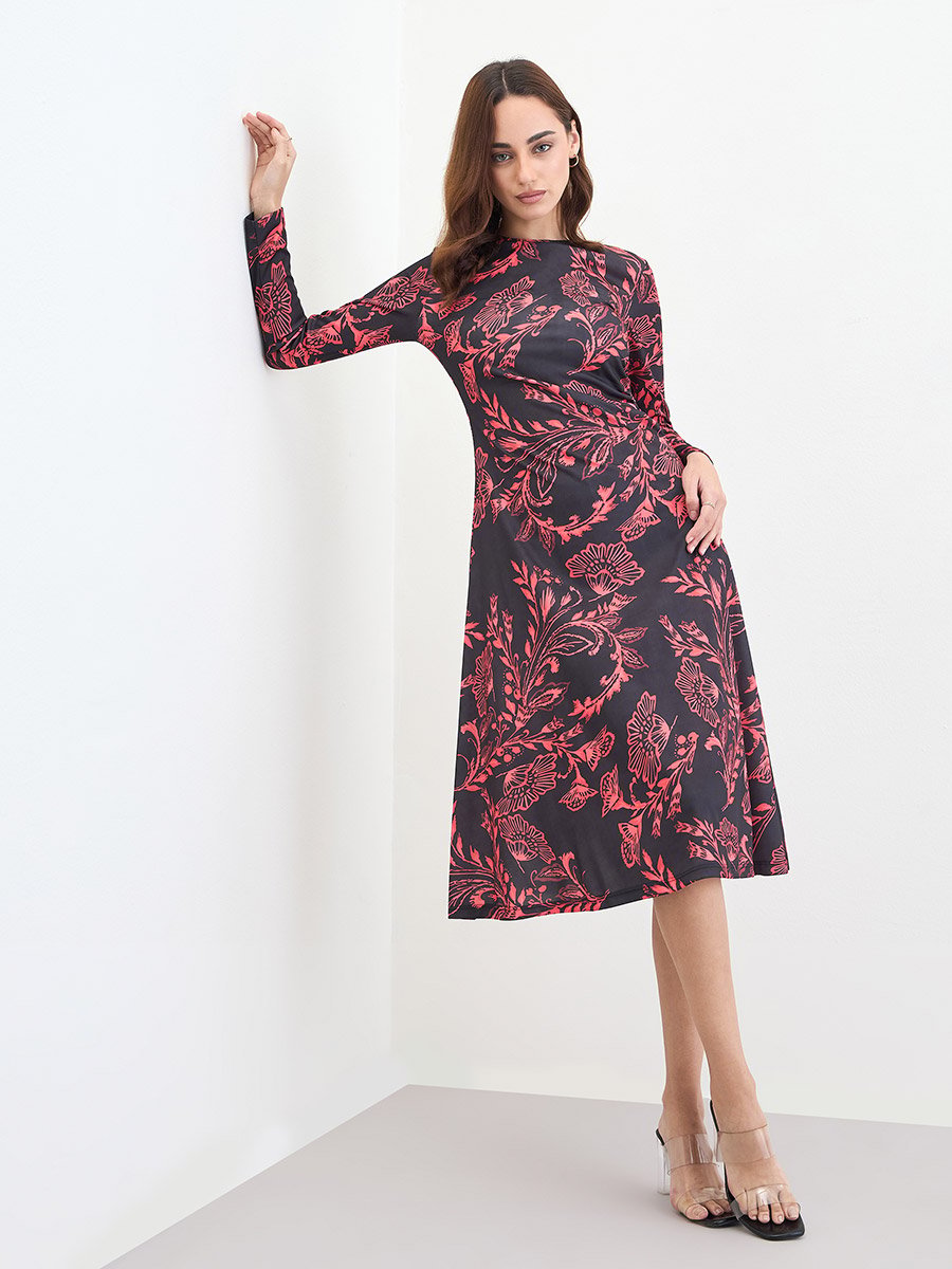 Black Floral Print A-Line Midi Dress
