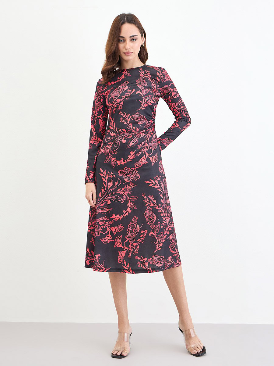 Black Floral Print A-Line Midi Dress
