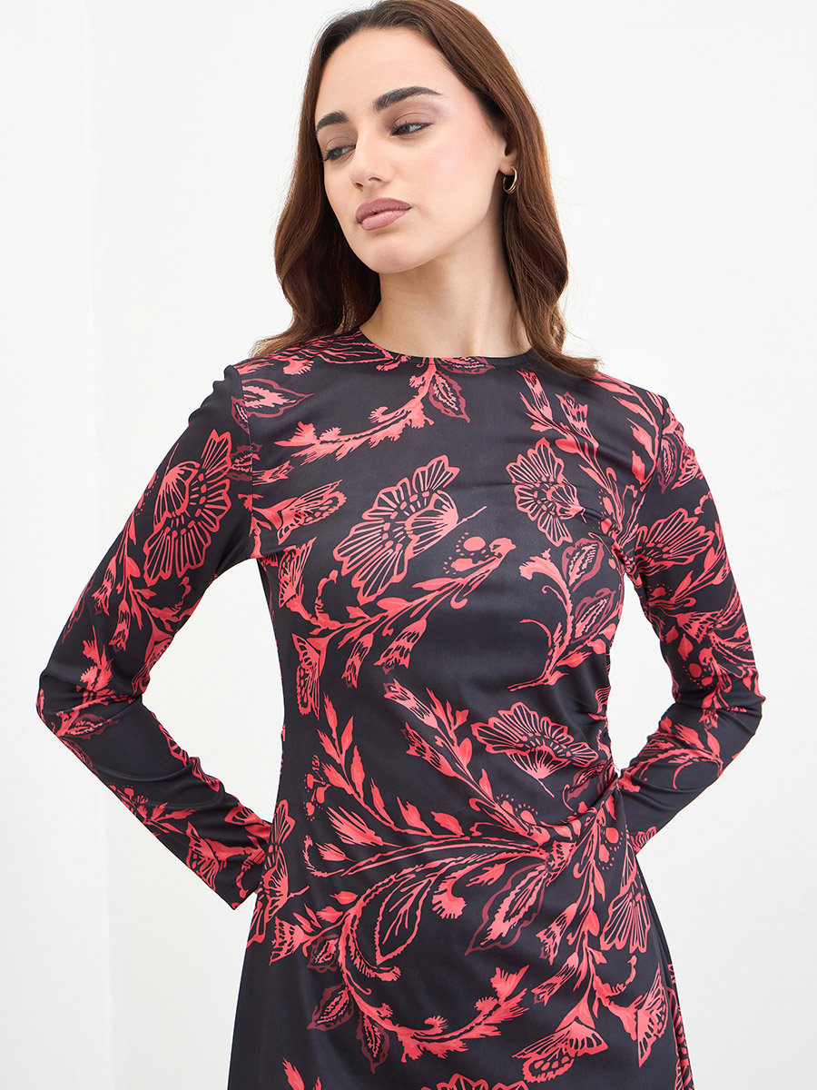 Black Floral Print A-Line Midi Dress