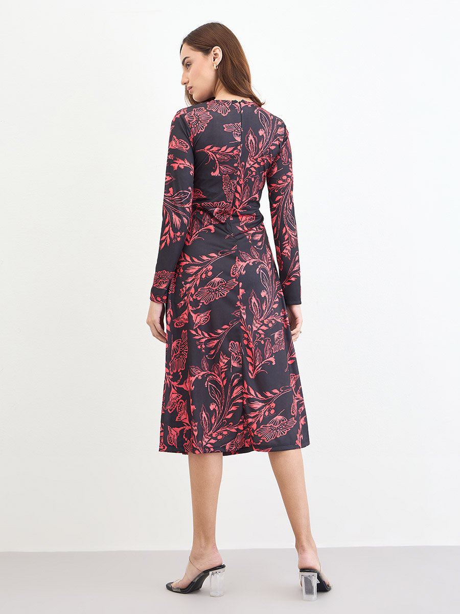 Black Floral Print A-Line Midi Dress