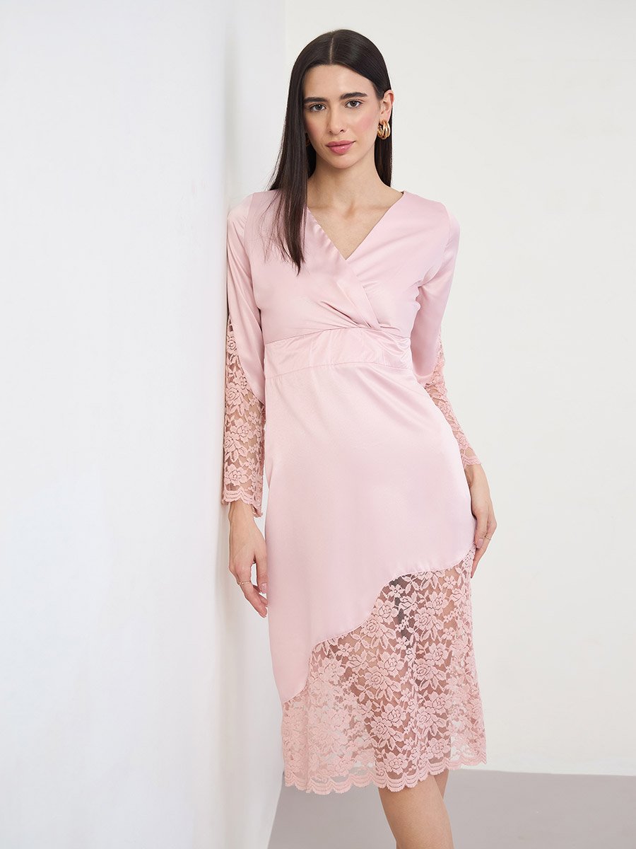 Pink Lace Insert A-Line Midi Dress