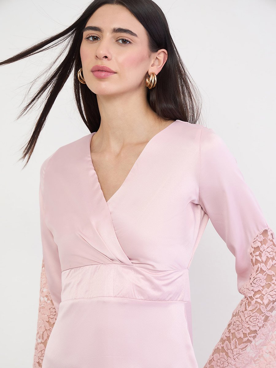 Pink Lace Insert A-Line Midi Dress