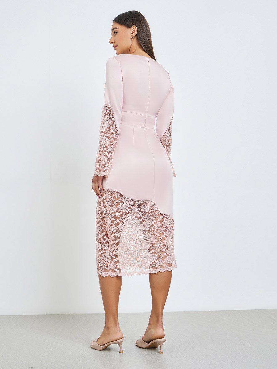 Pink Lace Insert A-Line Midi Dress