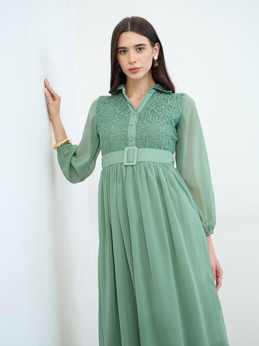 Green Lace Yoke Belted Maxi Dress