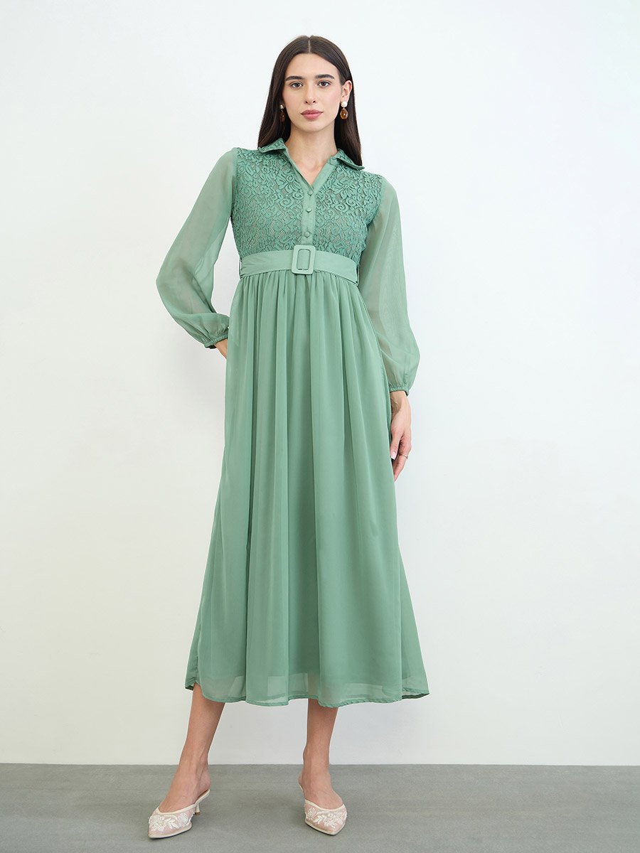 Green Lace Yoke Belted Maxi Dress