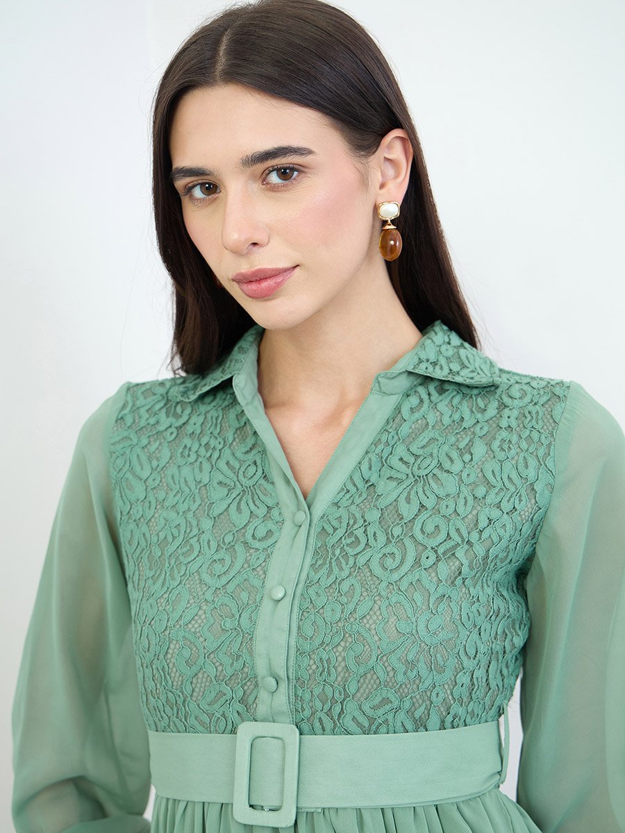 Green Lace Yoke Belted Maxi Dress