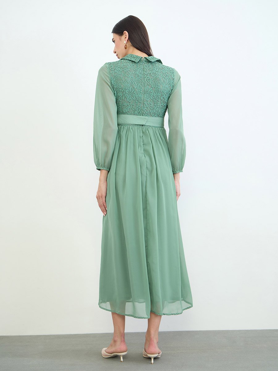 Green Lace Yoke Belted Maxi Dress