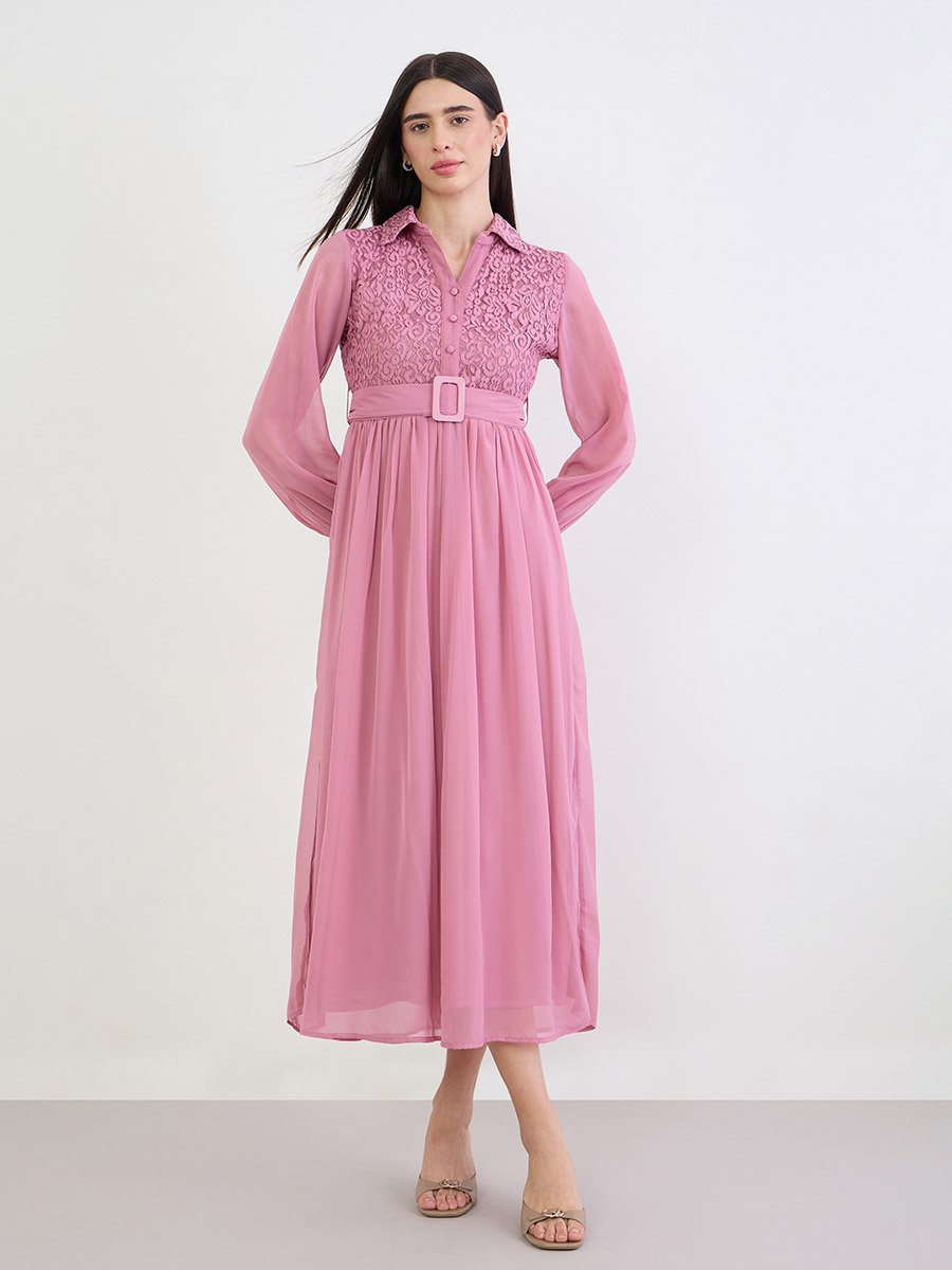 Pink Lace Yoke Belted Maxi Dress
