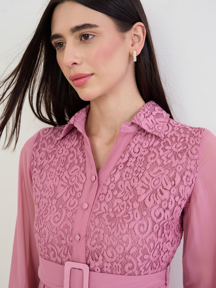 Pink Lace Yoke Belted Maxi Dress