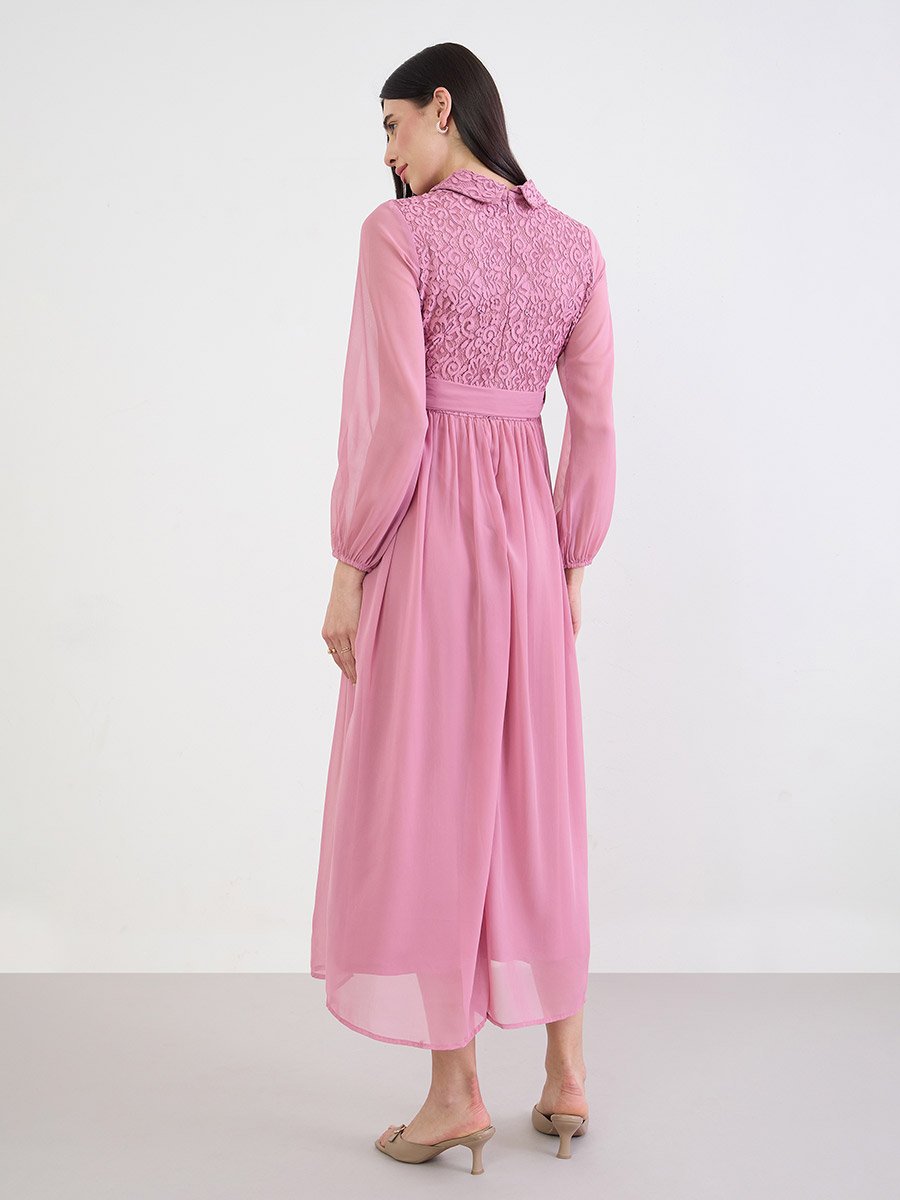 Pink Lace Yoke Belted Maxi Dress