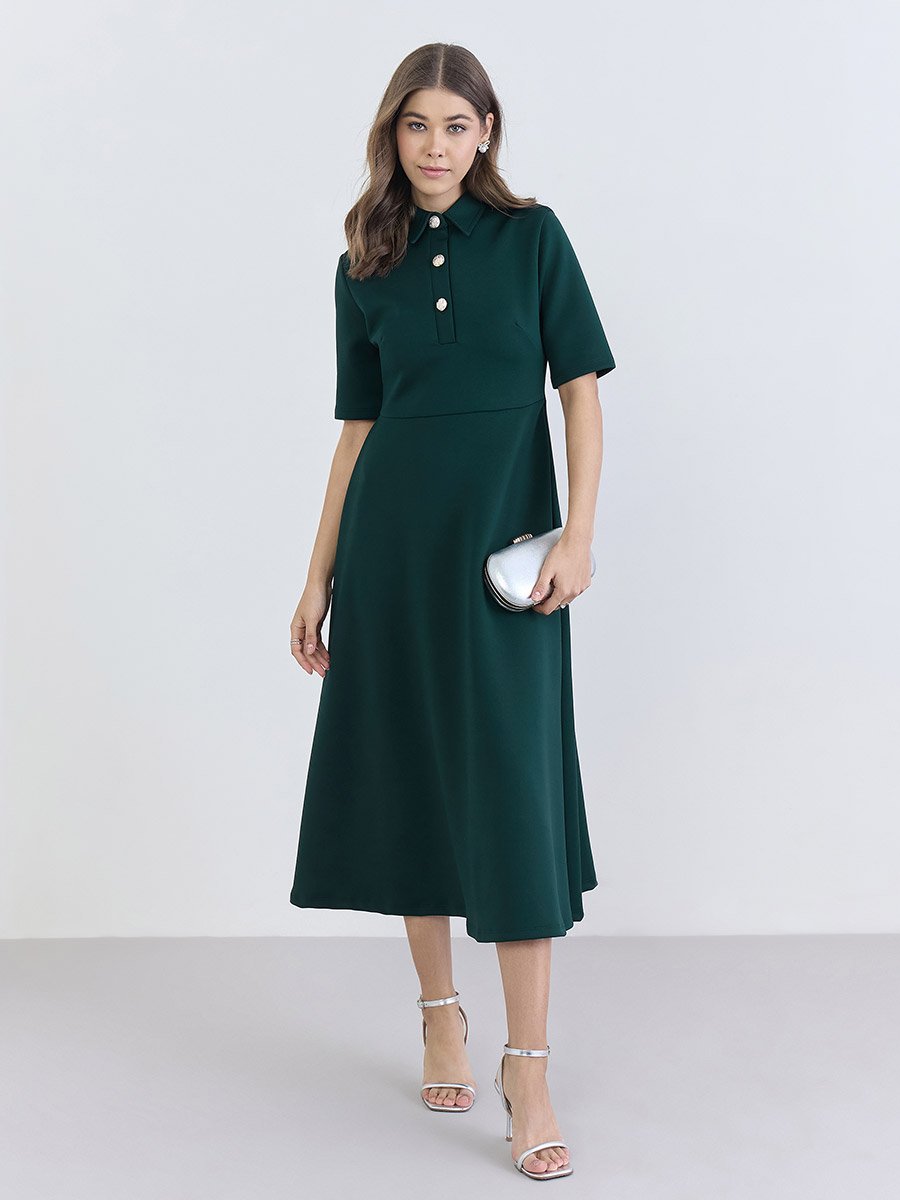 Women Green Buttoned A-Line Midi Dress