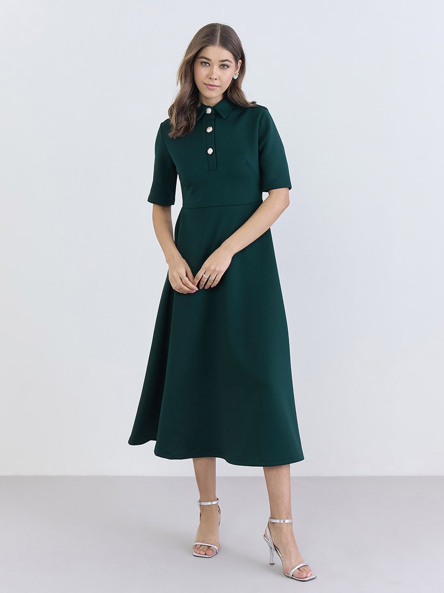 Women Green Buttoned A-Line Midi Dress