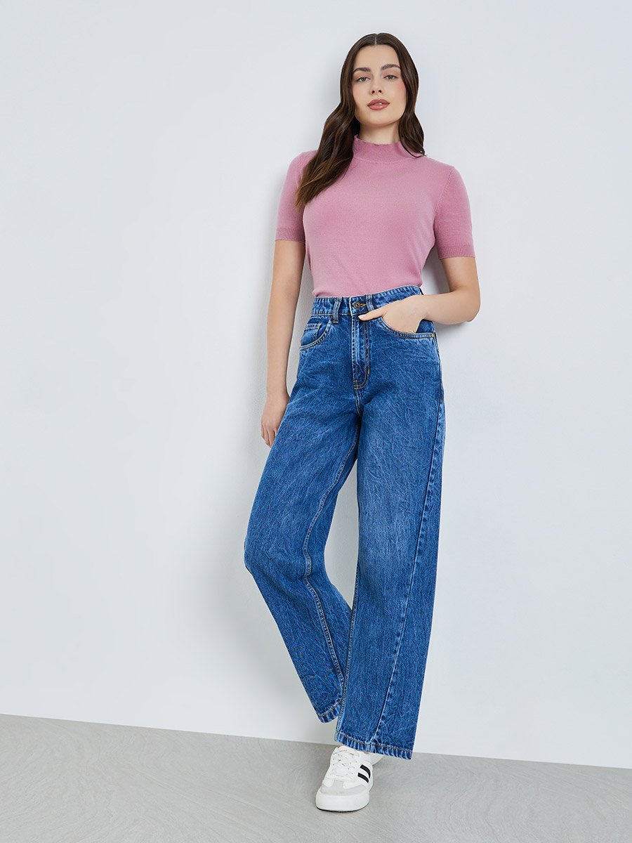 Women High Rise Barrel Fit Washed Jeans