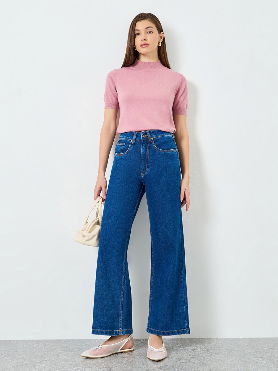 Women Blue Mid Rise Wide Leg Jeans