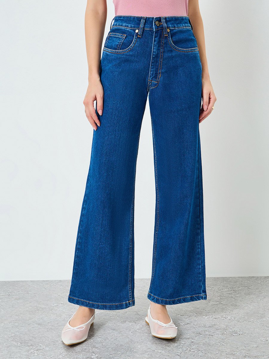 Women Blue Mid Rise Wide Leg Jeans