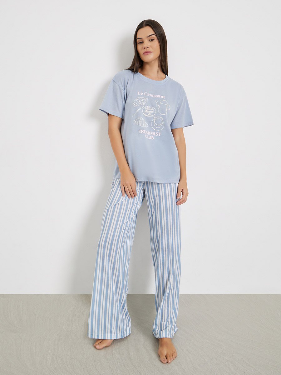 Graphic Print Dropped Shoulder T-Shirt and Pyjama Set