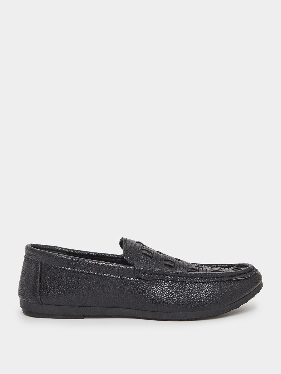 Men Black Woven Pattern Slip-On Loafers