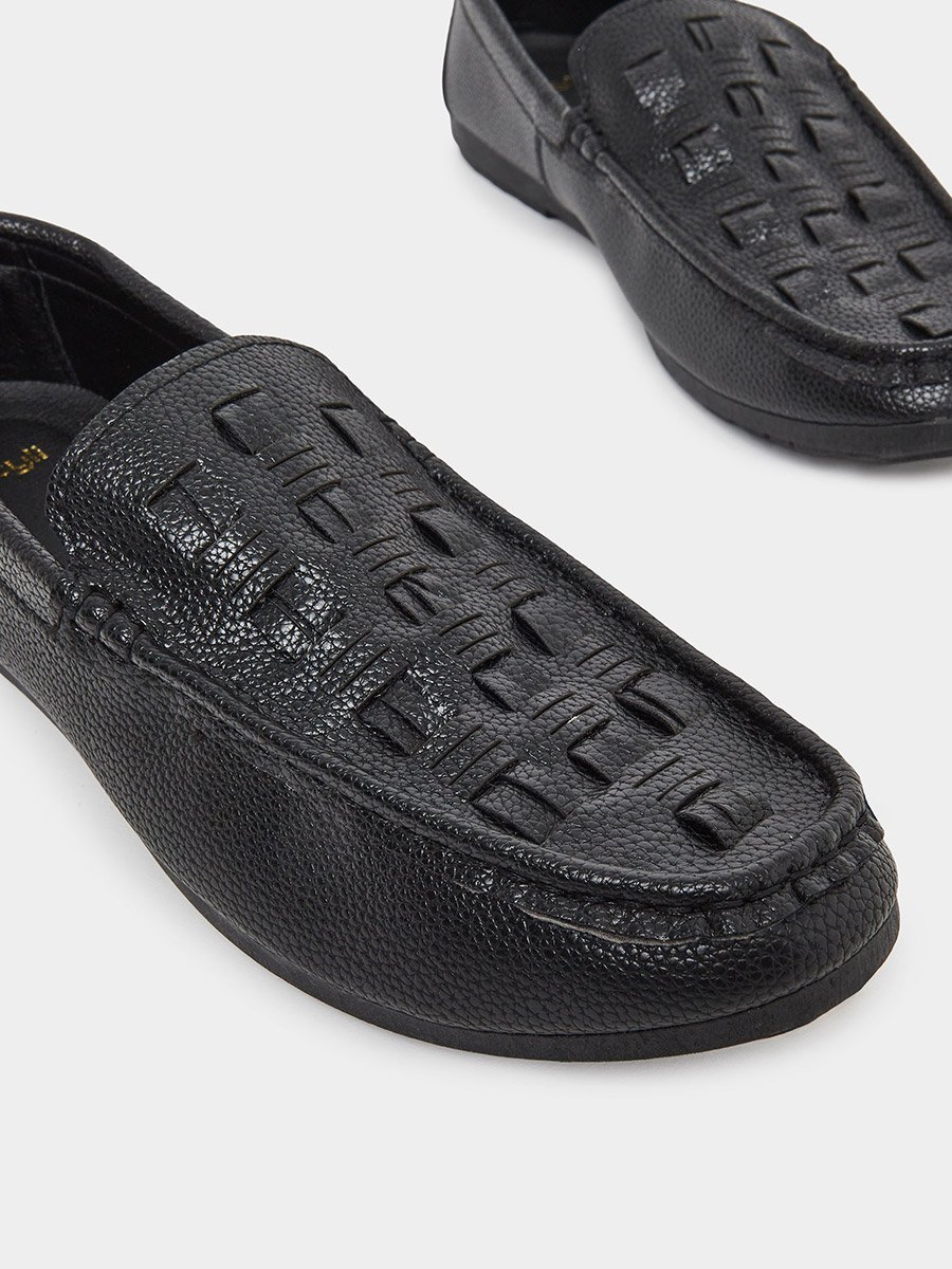 Men Black Woven Pattern Slip-On Loafers