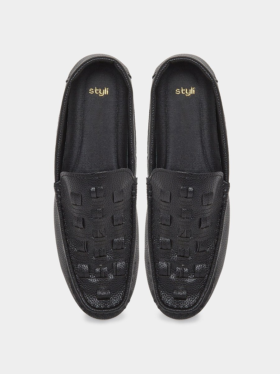 Men Black Woven Pattern Slip-On Loafers