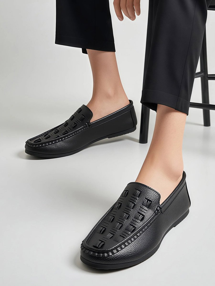 Men Black Woven Pattern Slip-On Loafers