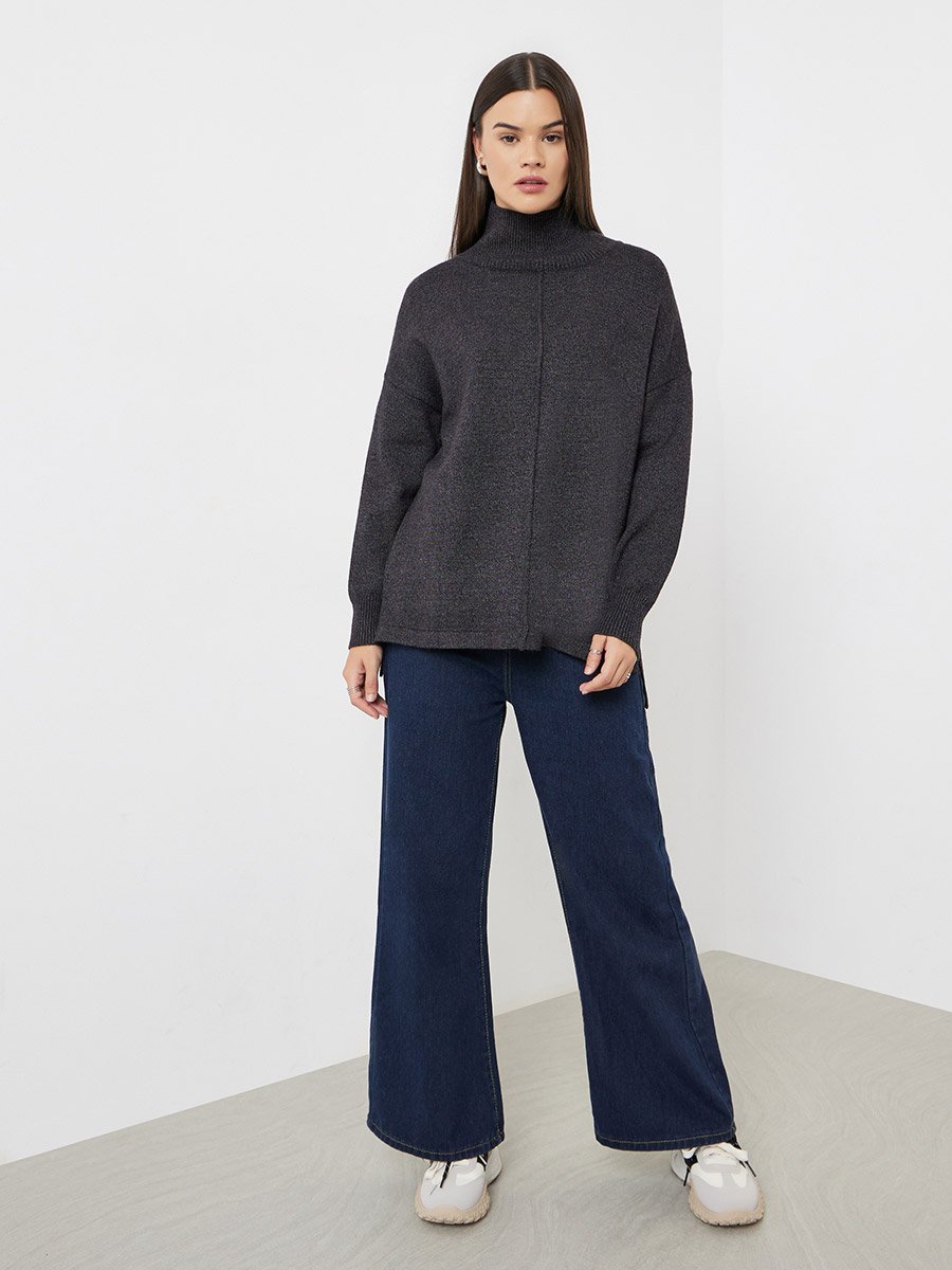 Black Turtle Neck Oversized Knit Top