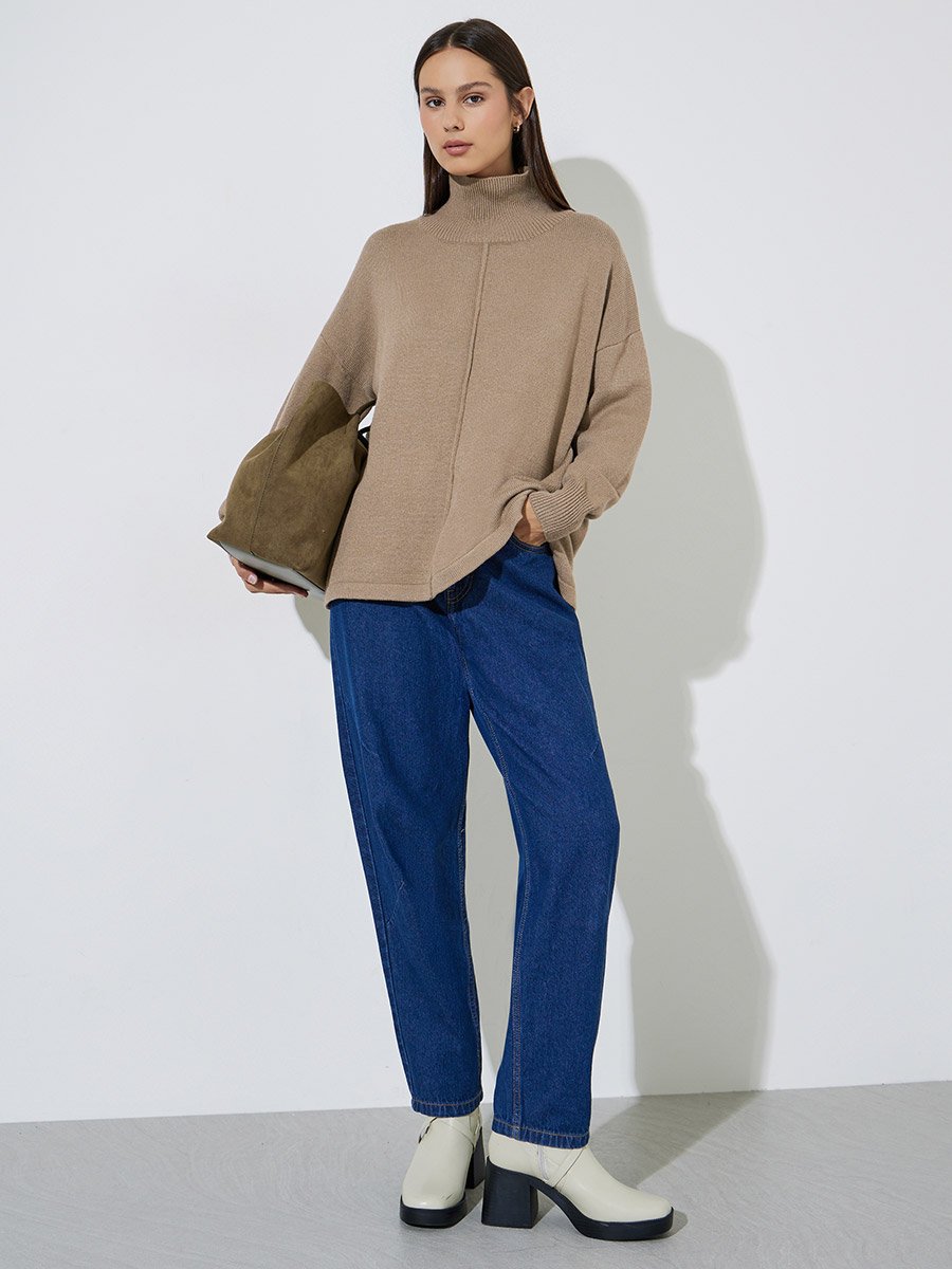 Brown Turtle Neck Oversized Knit Top