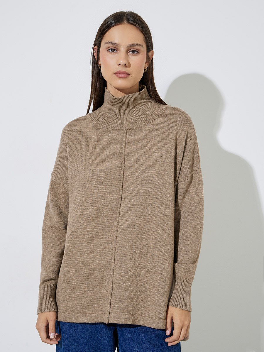 Brown Turtle Neck Oversized Knit Top