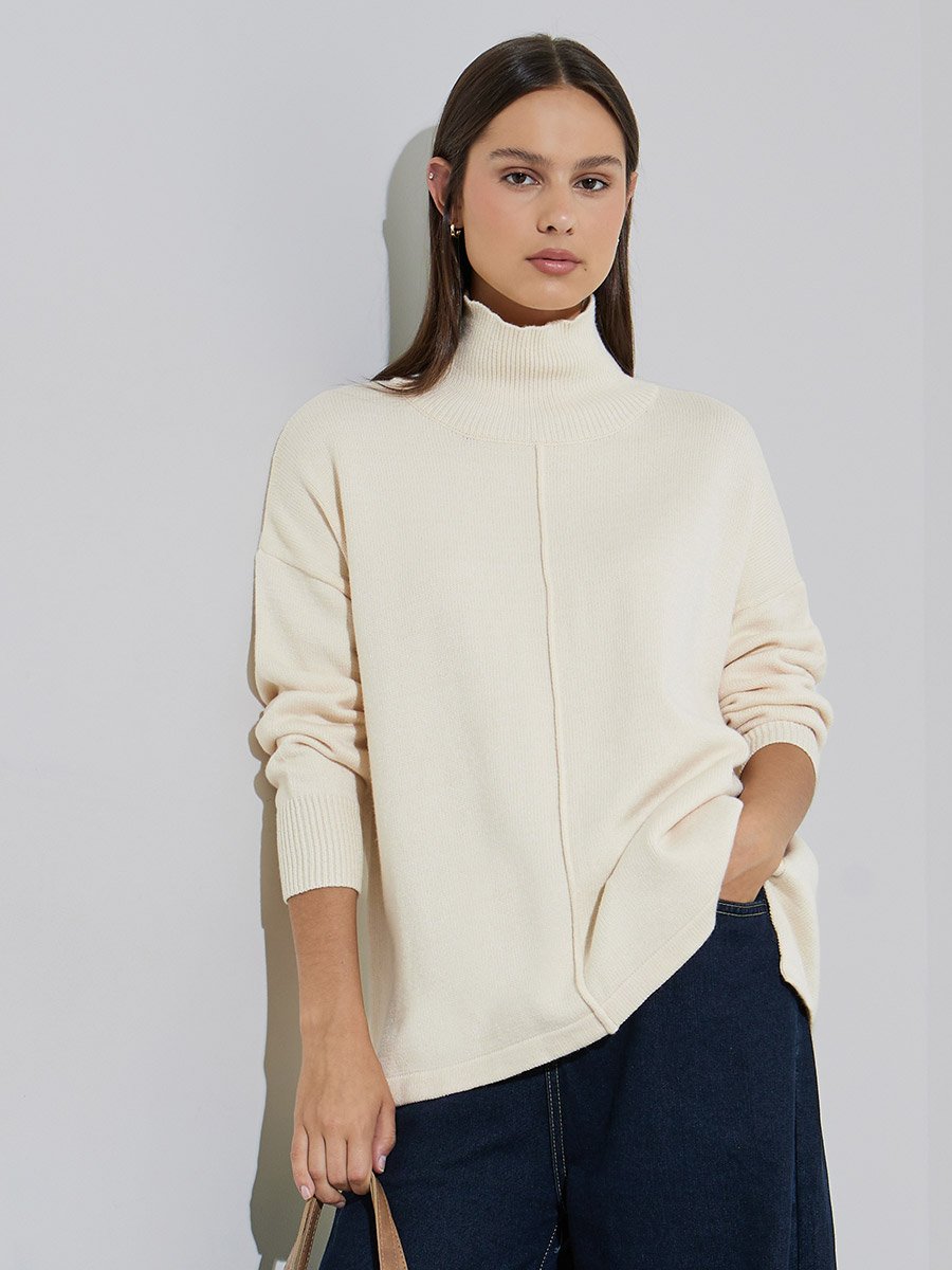 Cream Turtle Neck Oversized Knit Top