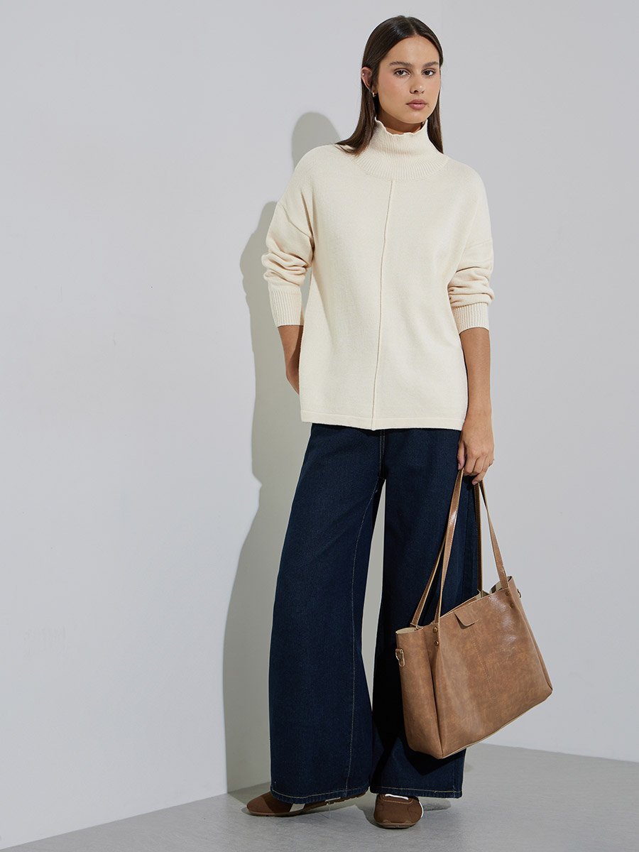 Cream Turtle Neck Oversized Knit Top