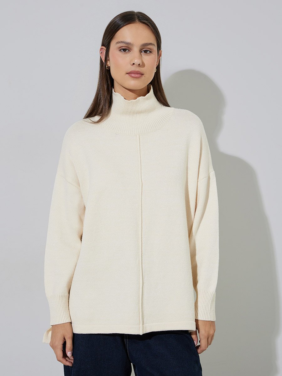 Cream Turtle Neck Oversized Knit Top