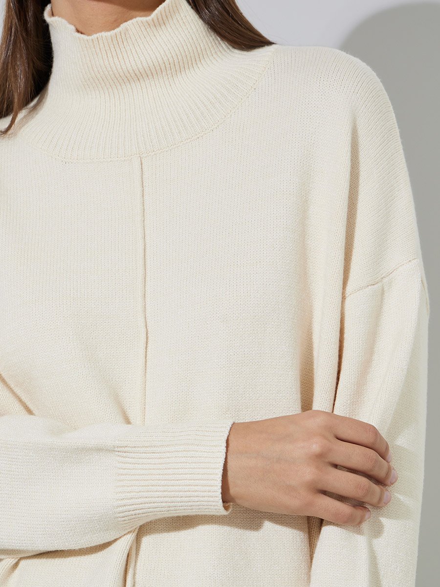 Cream Turtle Neck Oversized Knit Top